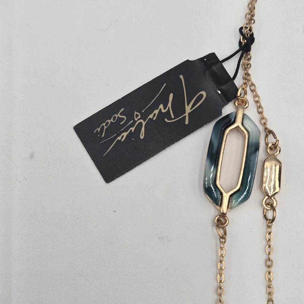 Thalia Sodi Gold-Tone Blue Green Geometric Long‎ 2 Layer Necklace Boho